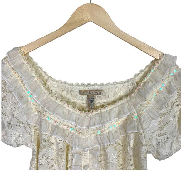 AMERICAN RAG Women L Ivory Floral Lace Sequin Trim Peasant Smocked Top - Picture 5 of 10